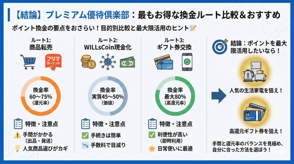【結論】最もお得な換金ルートは?目的別おすすめ/比較表