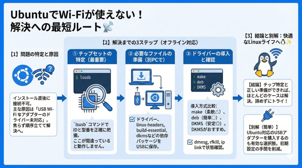 【まとめ】UbuntuでWi-Fiが使えない問題は順番通りに進めれば必ず解決📡