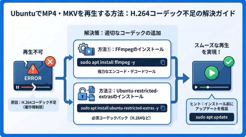 UbuntuでMP4・MKVが再生できない原因とは？H.264コーデックの不足を解説