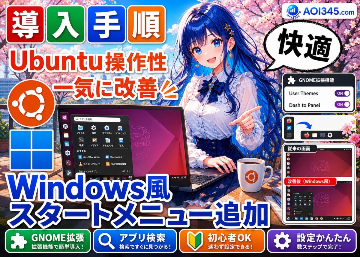 【手順】UbuntuタスクバーにWindows風スタートメニュー追加