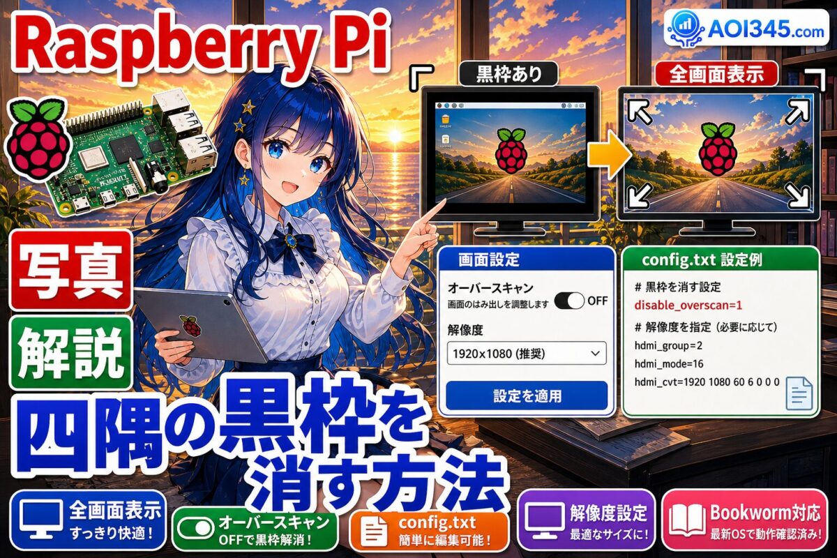 【写真手順】Raspberry Piの解像度変更で四隅の黒枠を消す方法