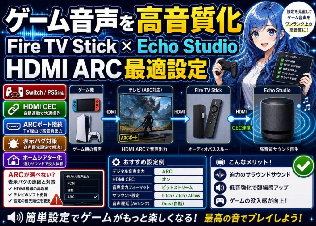 【ARC/CEC設定】FireTVStickでゲーム音声をEchoStudio出力！