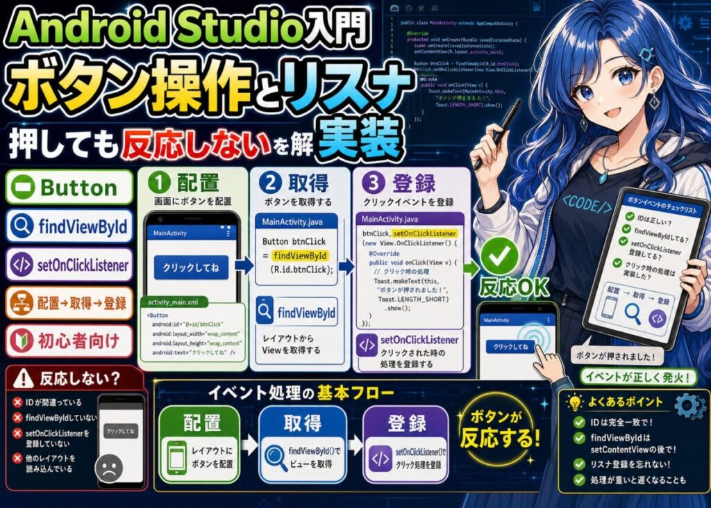【初心者必見】Android Studioで学ぶボタン操作とリスナ実装！