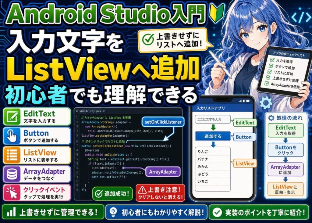 【初心者向け】Android Studioでボタン操作とリストビュー連携