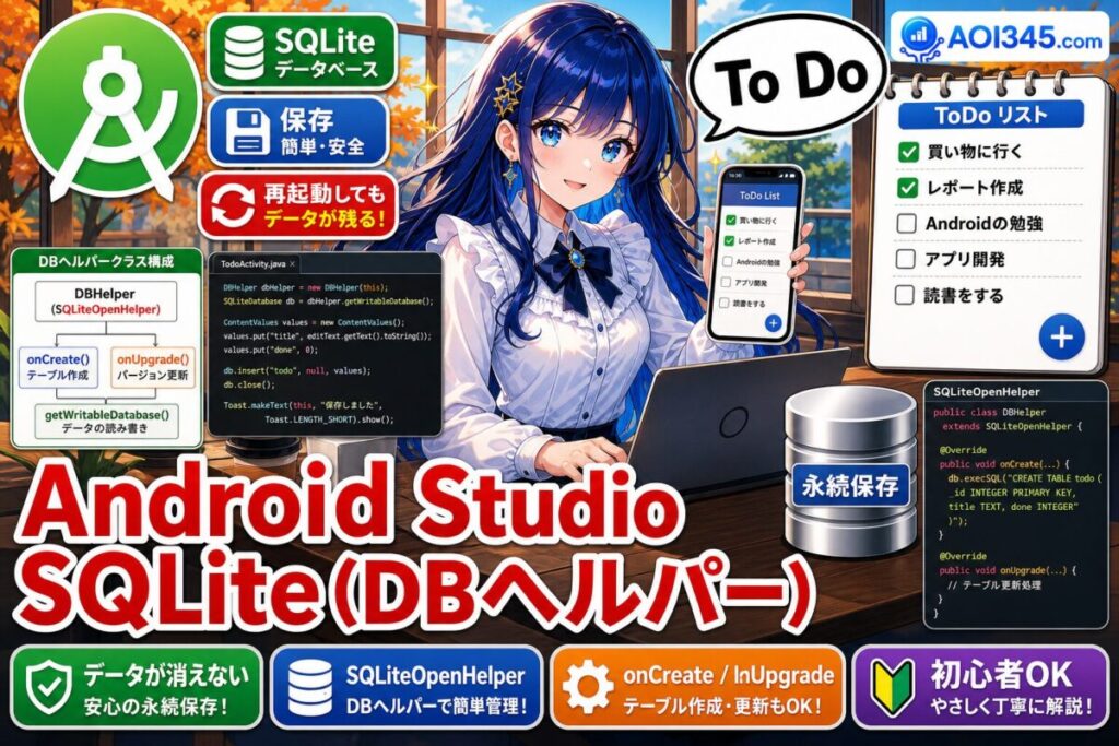 【初心者】Android StudioでSQLite(DBヘルパー)でToDoリスト