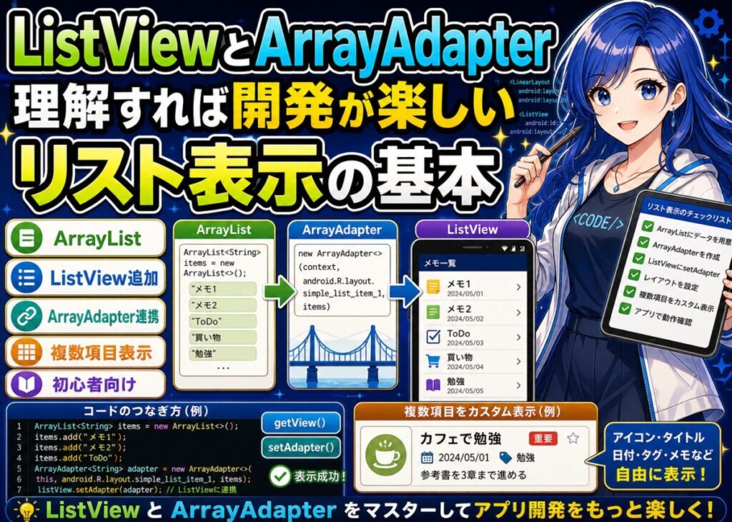 【初心者】Android StudioでListViewとArrayAdapterの使い方！