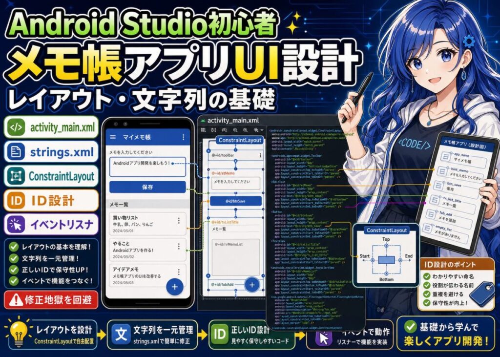 【簡単】Android Studioでメモ帳！XMLレイアウトとstrings.xml