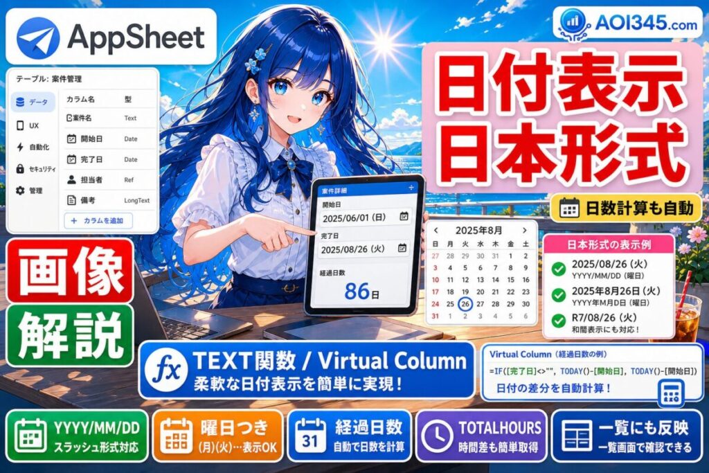【写真手順】AppSheetで日付表示/日数計算!日本形式TEXT関数