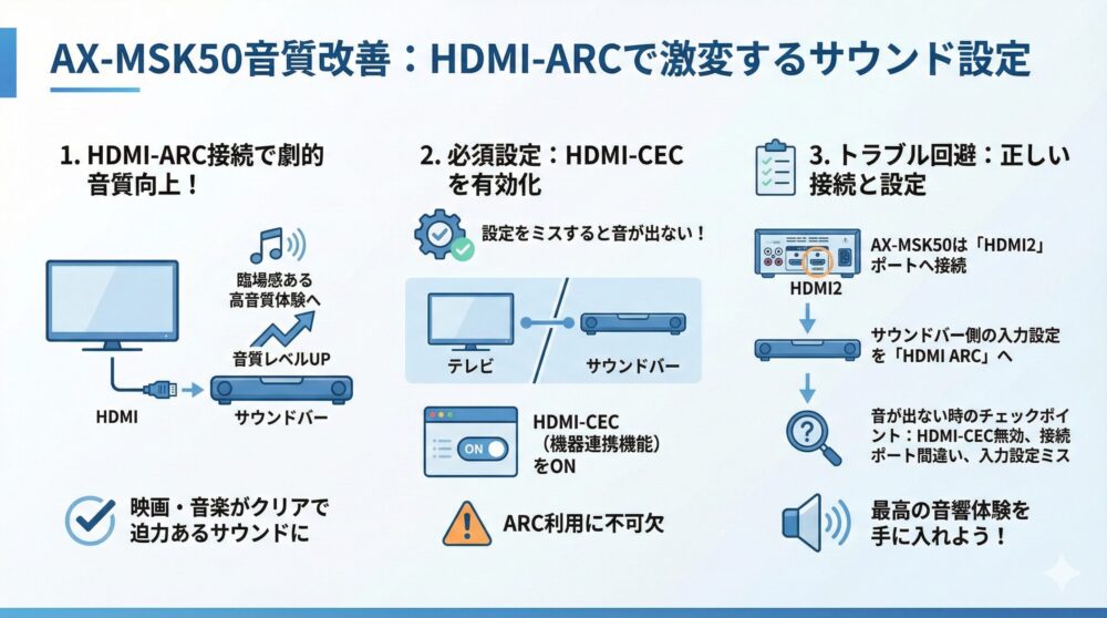 【AX-MSK50音質改善】HDMI-ARC対応サウンドバーで音が激変する方法