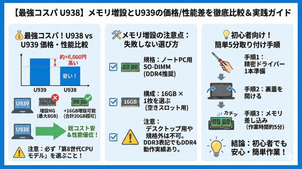 💰【U938は最強コスパ】メモリ増設とU939の価格差/性能差を徹底比較