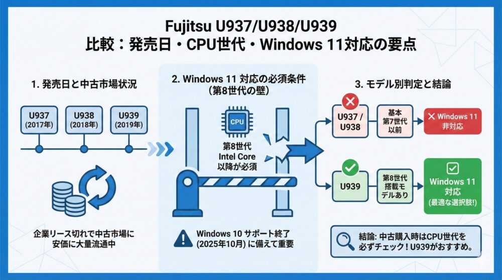 📆 U937/U938/U939の発売日とCPU世代の違いを比較！Windows11対応可否