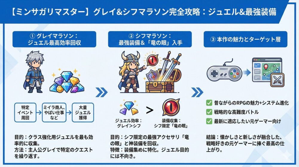 【ミンサガリマスター】グレイ＆シフマラソン完全攻略｜ジュエル＆最強装備