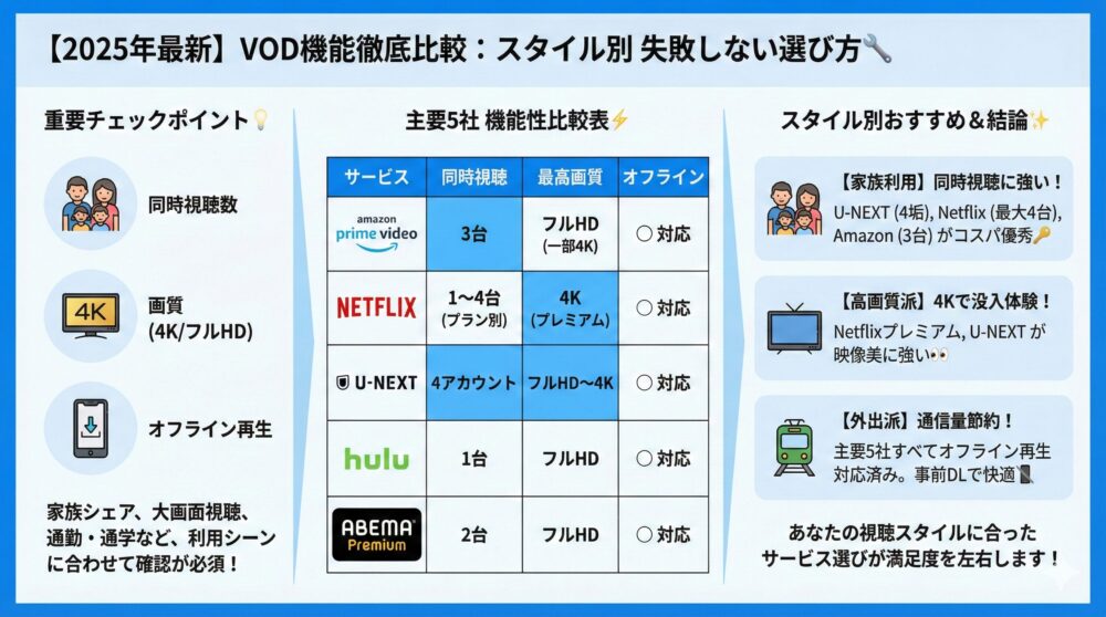 【2025年最新】VOD機能比較/同時視聴/画質/オフライン再生を徹底解説🔧