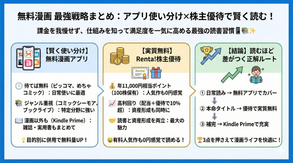 【まとめ】無料漫画はアプリ併用×株主優待で実質0円に近づける📚✨
