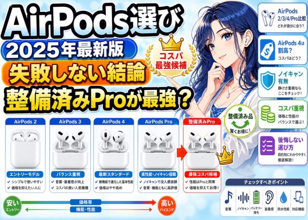 【AirPods2/3/4/Pro】どれを買うべき？Proがコスパ最強な理由