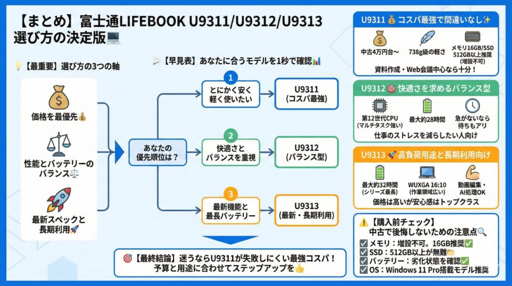 【まとめ】富士通LIFEBOOK U9311/U9312/U9313は結局どれを選ぶべきか