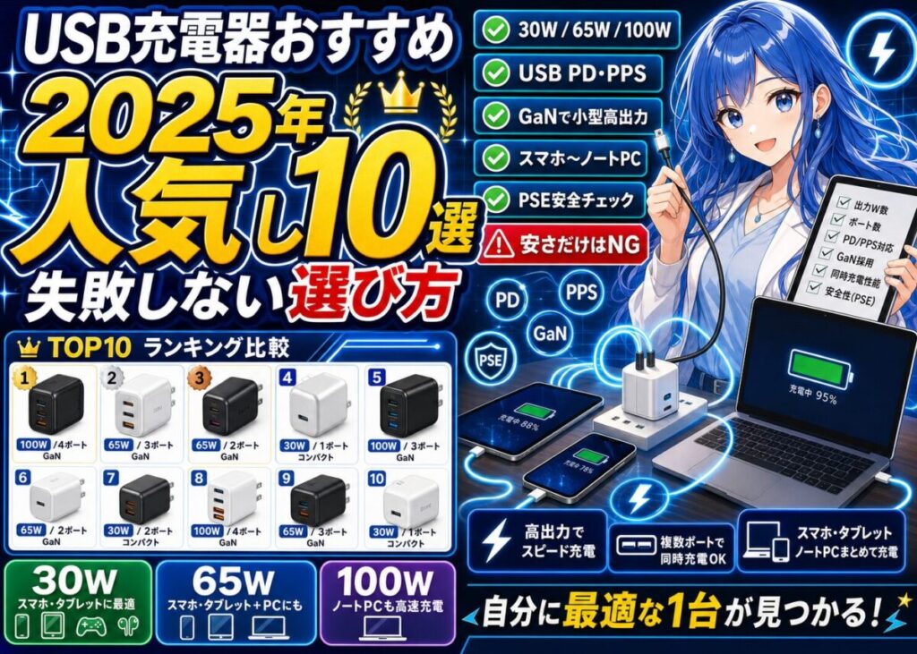 【2025】人気USB充電器おすすめ10選｜高速充電/PPS/GaN対応