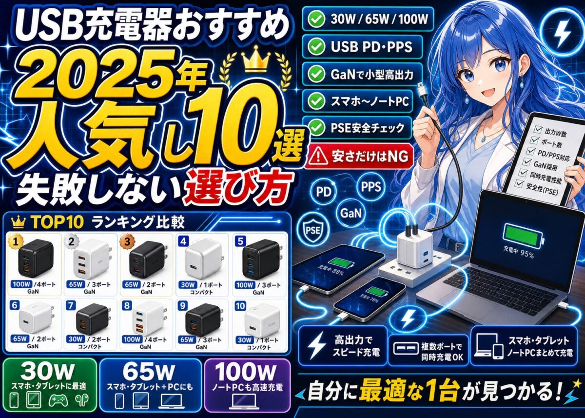 【2025】人気USB充電器おすすめ10選|高速充電/PPS/GaN対応