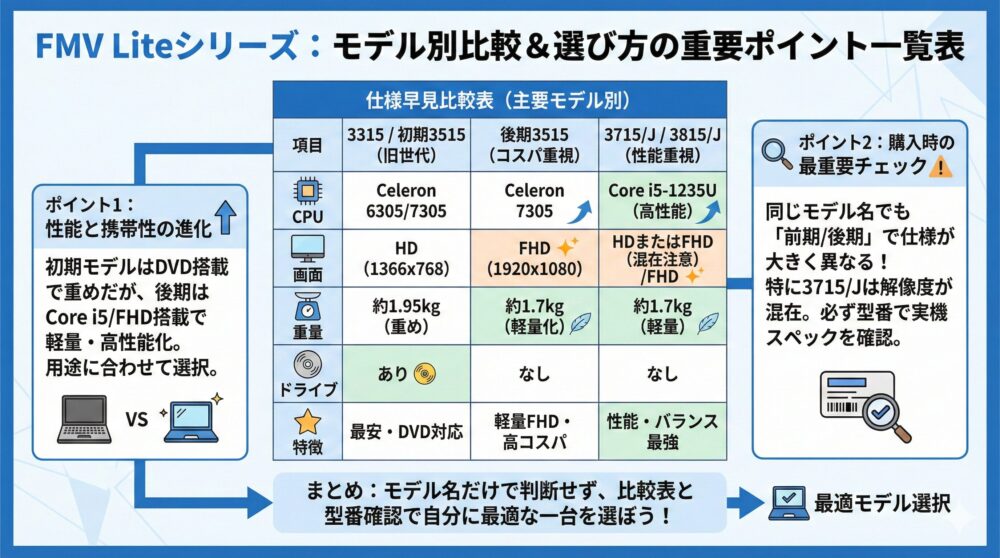 【モデル別比較表】CPU/メモリ/画面/重量/ドライブを一気に確認できる📝