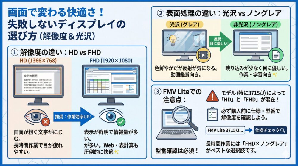 🖼️ 画面で快適さが激変｜HD/FHD/光沢/ノングレアの選び方