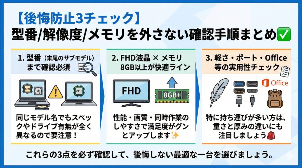 【後悔防止3チェック】型番/解像度/メモリを外さない確認手順まとめ✅