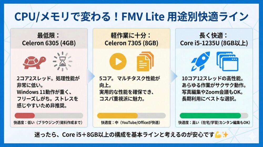⚙️ CPU/メモリで体感が変わる｜用途別の快適ライン