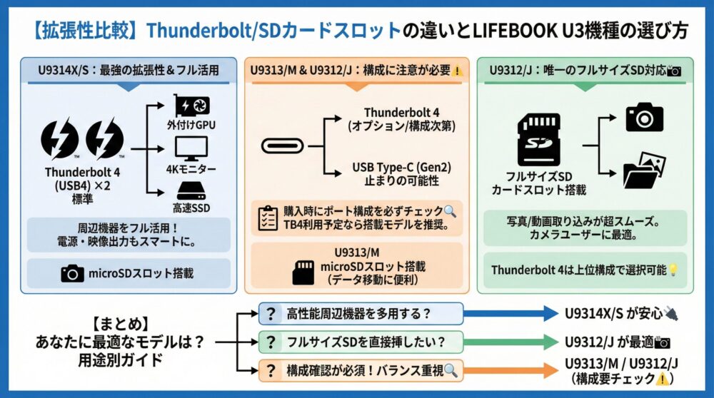 🔌【拡張性比較】Thunderbolt/SDカードスロットの違いとLIFEBOOK U3機種