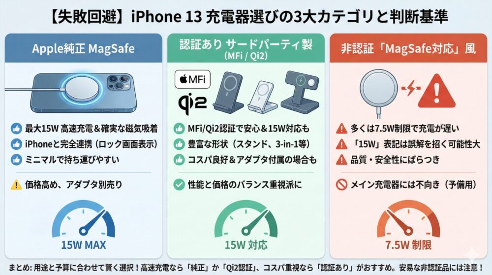 【失敗回避】iPhone13充電器は認証/形状/総コストで選ぶ判断軸が分かる⚡
