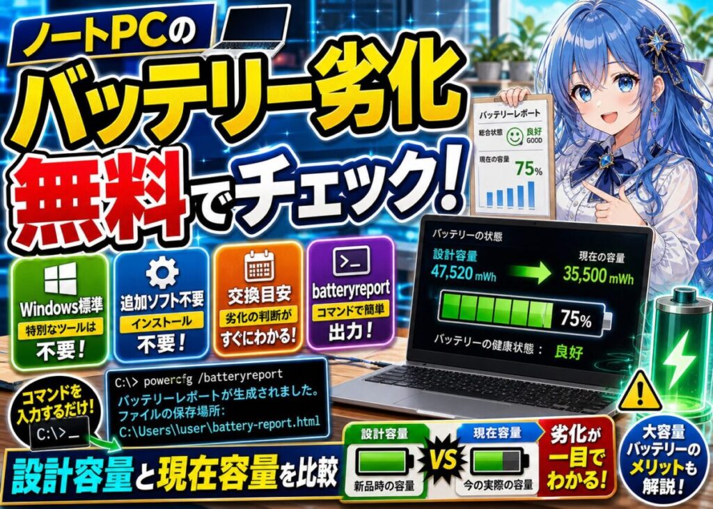 【簡単無料】Windows標準機能でノートPCバッテリー確認/交換