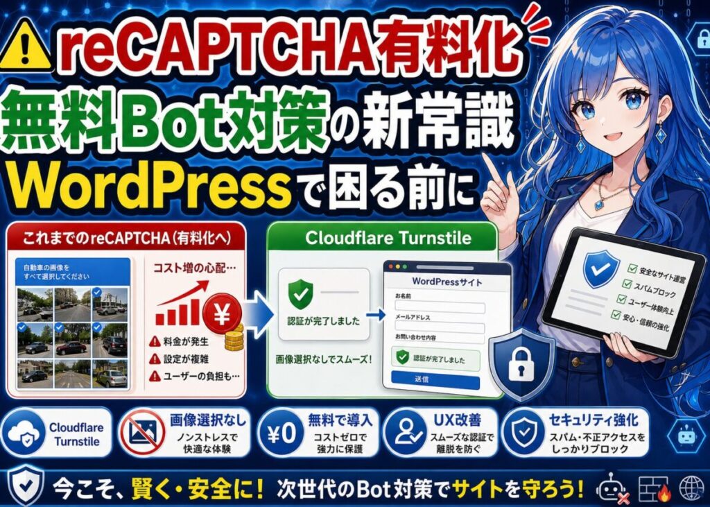 【簡単】reCAPTCHA有料化！無料で使えるCloudflareTurnstile