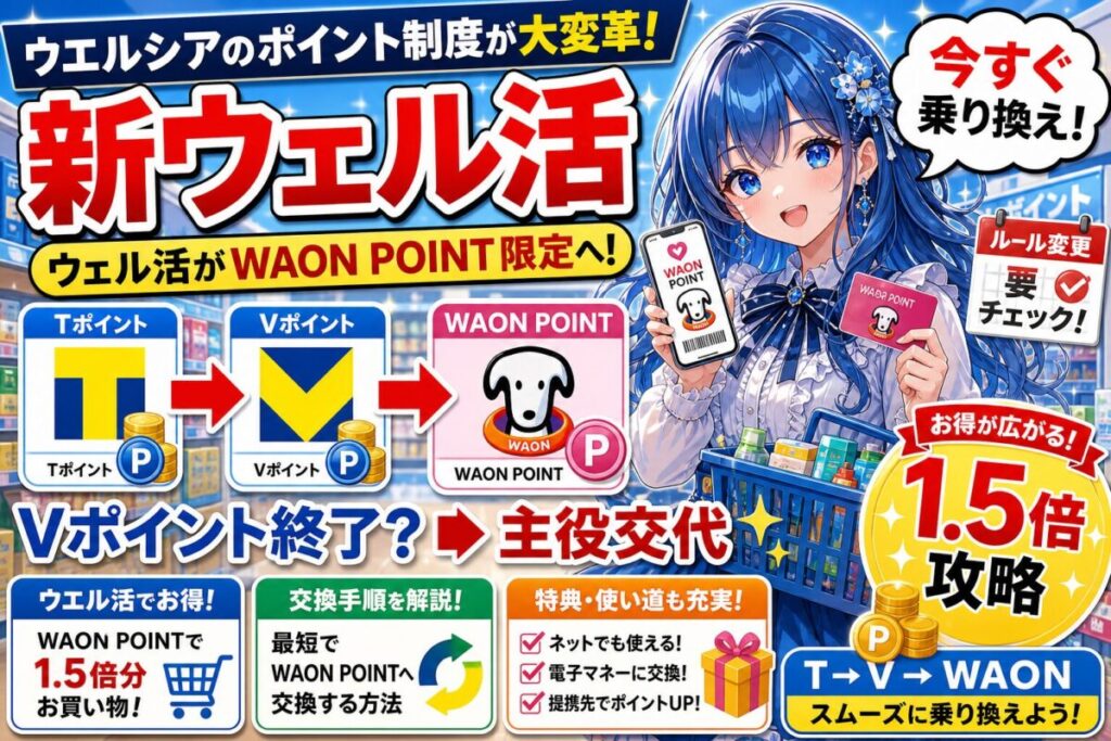 【対策可能】ウエルシアT(V)ポイント廃止！WAON POINT交換