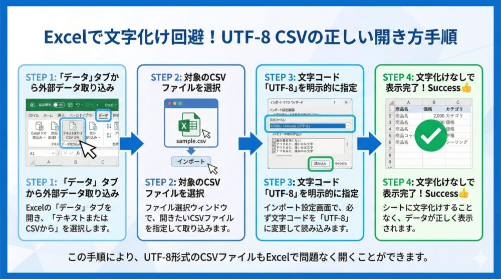 【文字化け対策】UTF-8のCSVをExcelで正しく開く手順を解説🧩