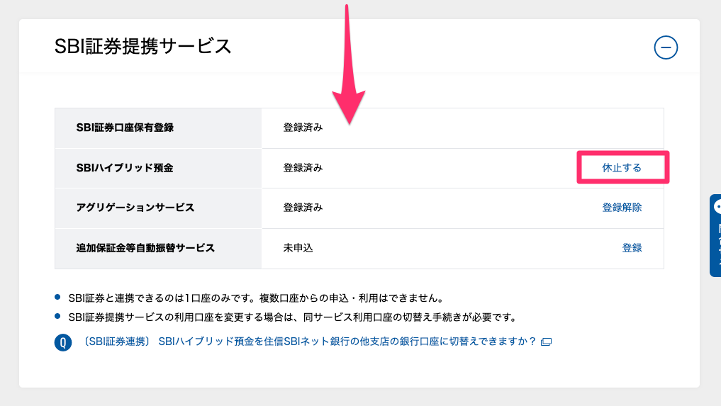 SBIハイブリッド預金 休止する