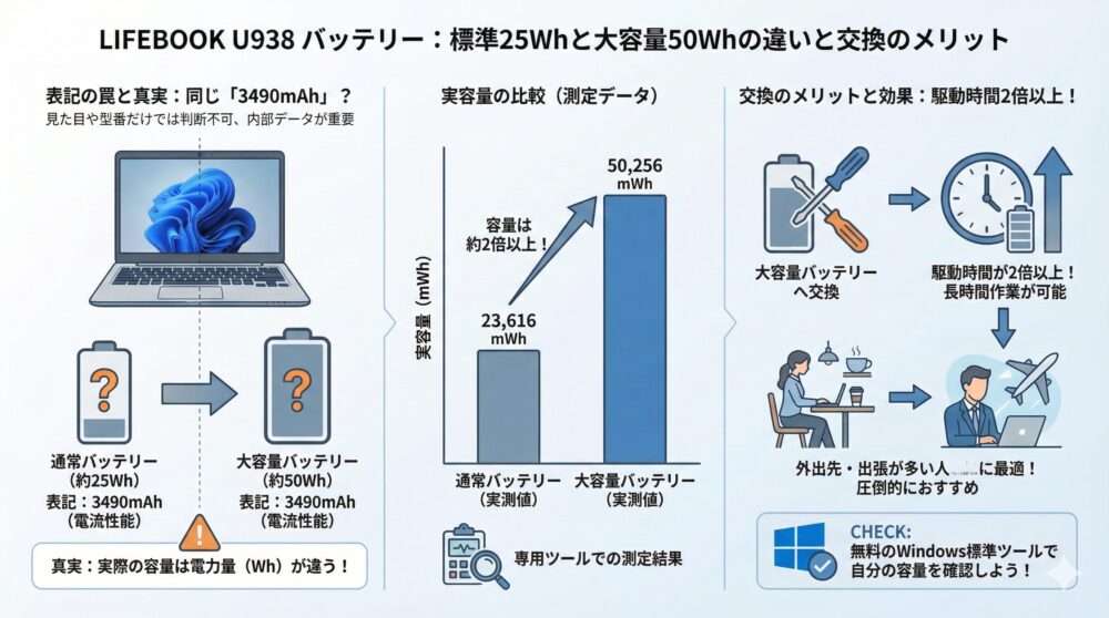 🔋【比較】U938バッテリー 標準25Whと大容量50Whの違いを徹底解説