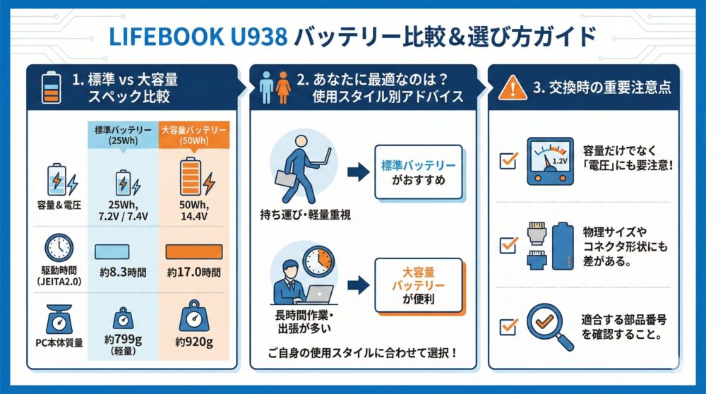 📊【比較表】U938の容量・電圧・駆動時間を一覧でチェックして選ぶ