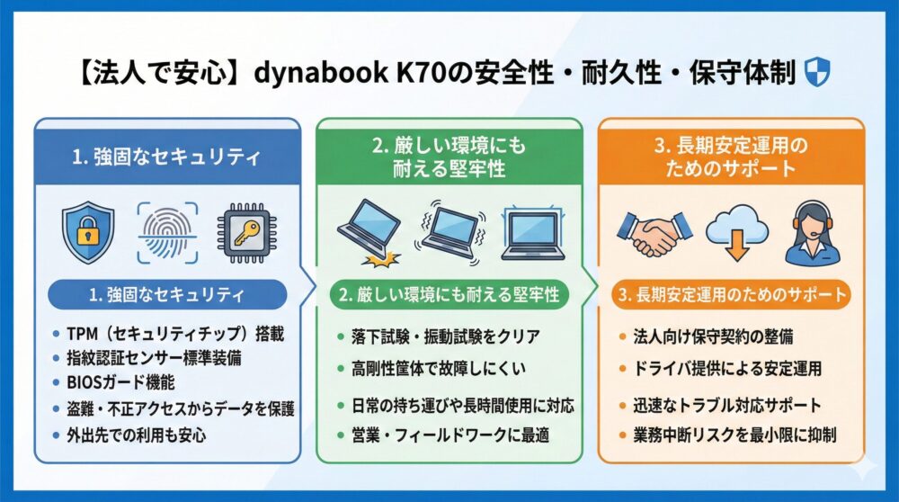 【法人で安心】dynabook K70の安全性/耐久性/保守を解説🛡️