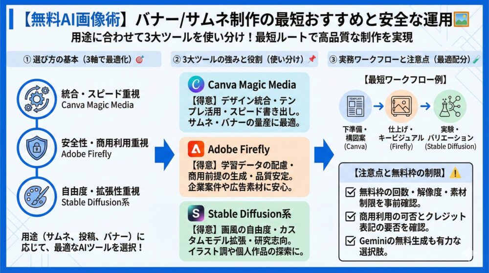 【無料AI画像術】バナー/サムネ制作の最短おすすめと安全な運用🖼️