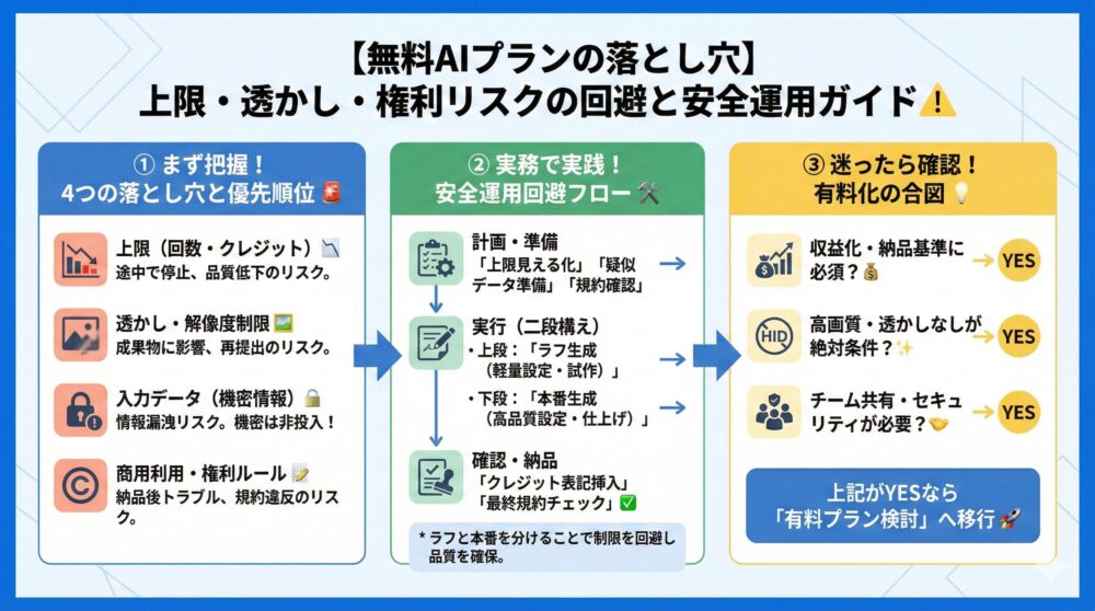 【無料プランの落とし穴】上限/透かし/権利の回避策を実務的に解説⚠️