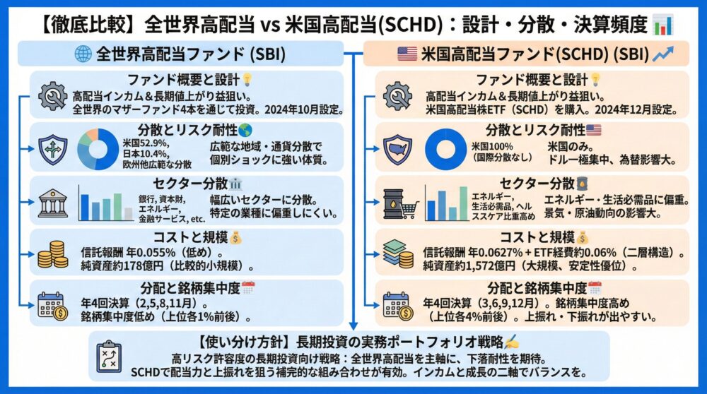 【ファンド概要】全世界高配当とSCHDの設計/分散/決算頻度を表で比較📊