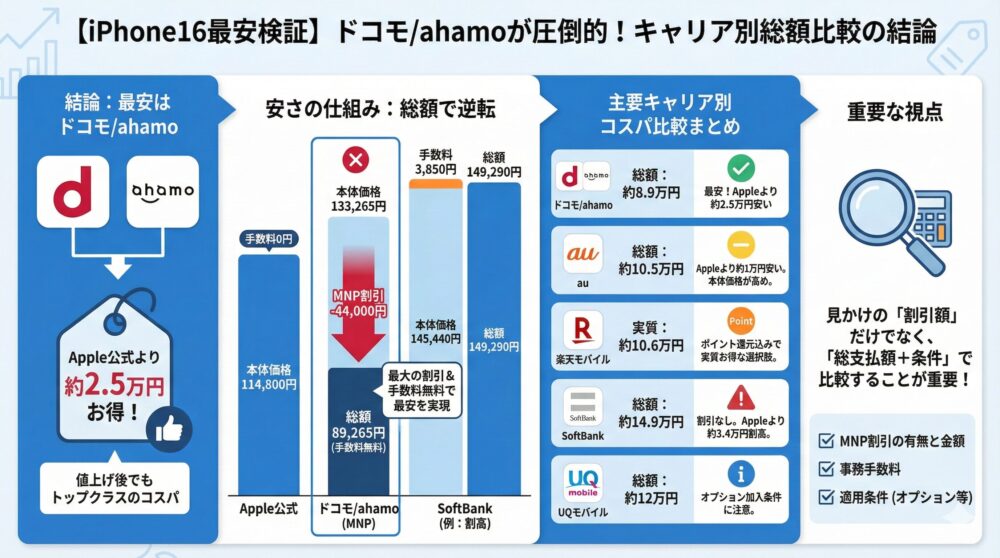 【iPhone16最安検証】ドコモ/ahamoがAppleより安い仕組みを解説📉