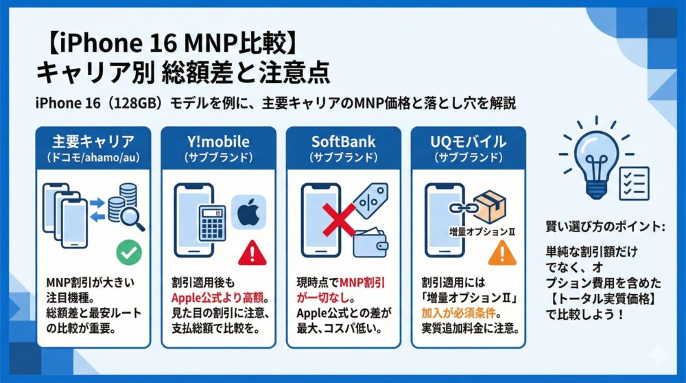 【iPhone16MNP比較】ドコモ/ahamo/auの総額差と最安ルートを解説📱