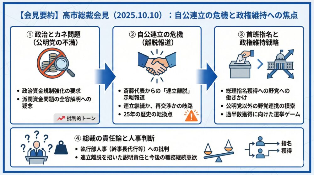 【会見ログ】高市総裁 2025年10月10日/連立離脱報道/政治資金/首班指名📈