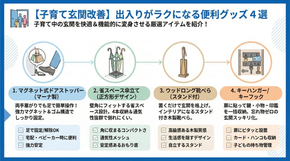 👨‍👩‍👧‍👦【子育て玄関改善】出入りがラクになる便利グッズ 4選