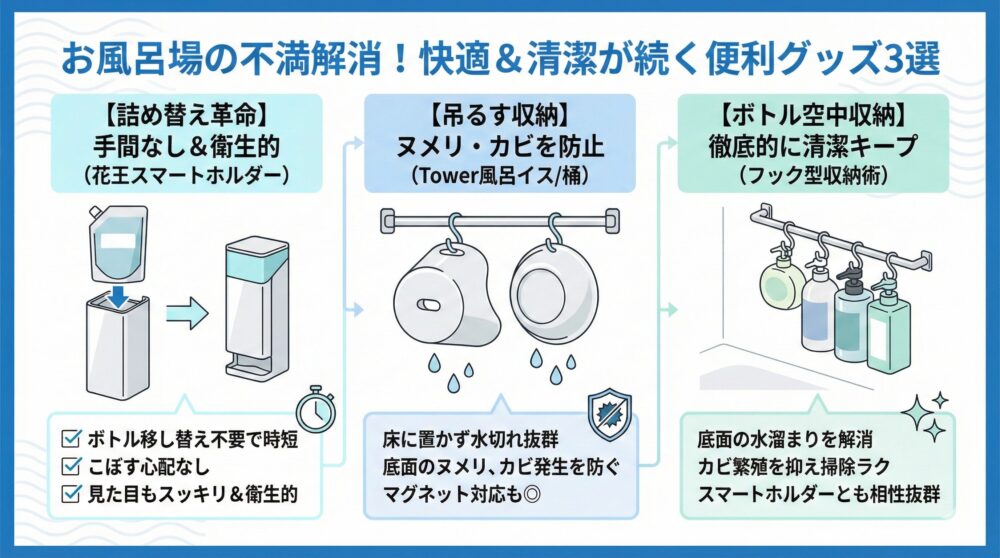 🛁【お風呂場の不満解消】快適/清潔が続く便利グッズ 3選