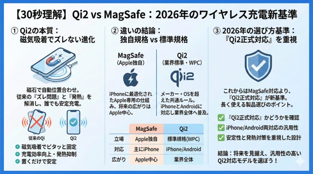 【30秒理解】Qi2とは何か？MagSafeとの違いを図解級に整理📱✨