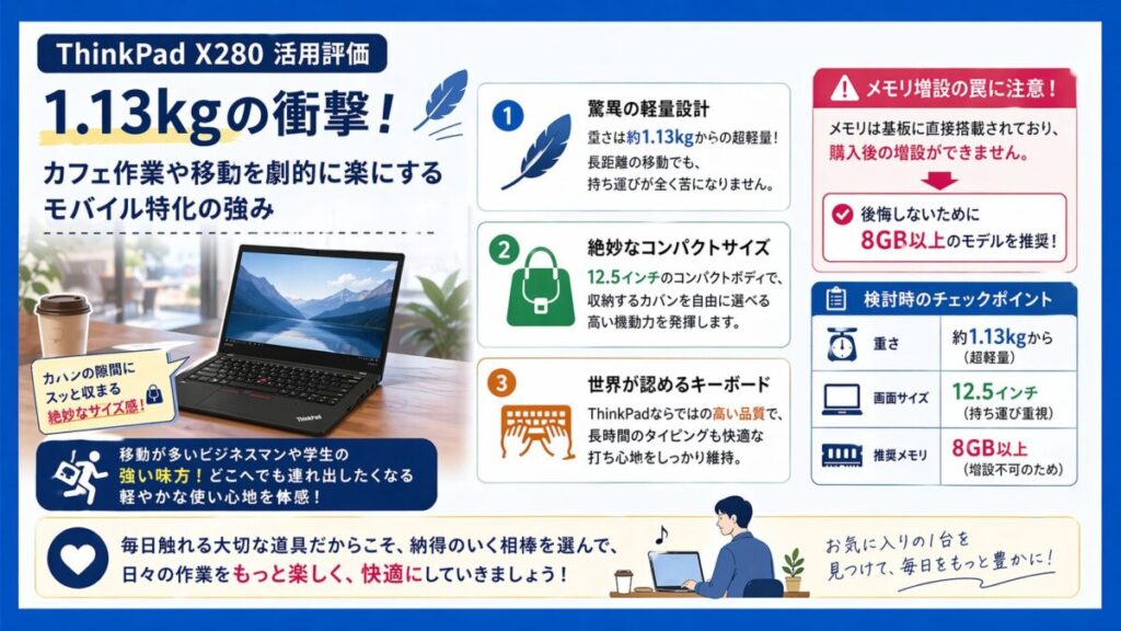 【X280活用評価】1.13kgの衝撃！カフェ作業や移動を劇的に楽にするモバイル特化の強みを解説