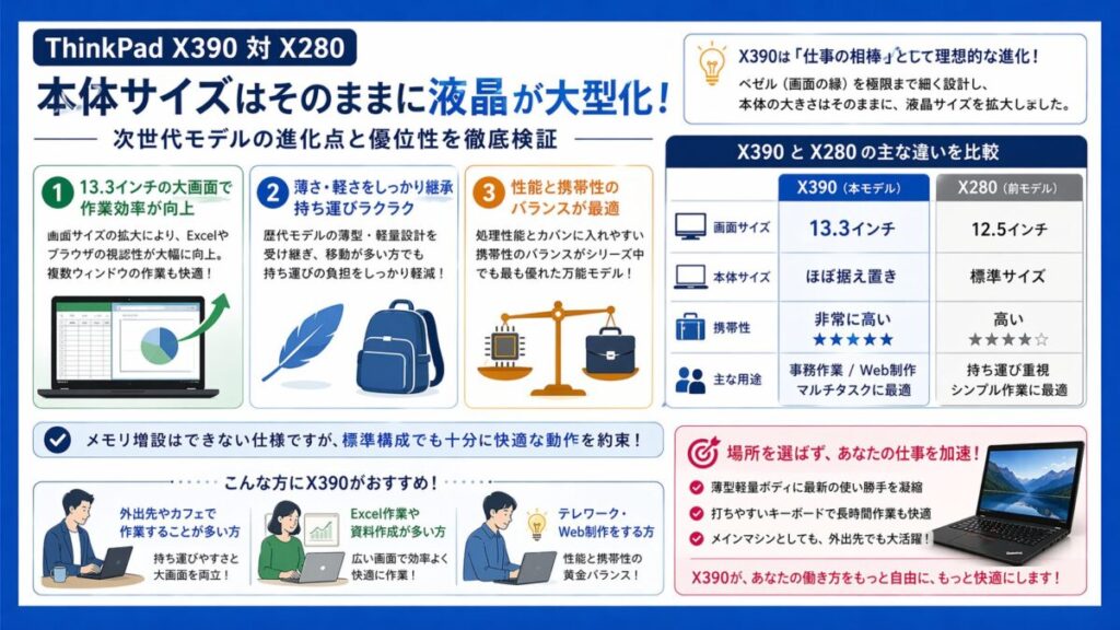 【X390対X280】本体サイズはそのままに液晶が大型化した次世代モデルの進化点と優位性を検証