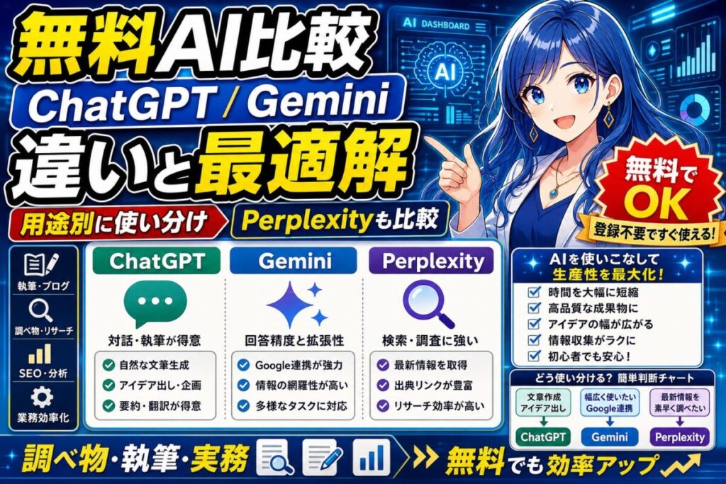 【無料で使えるAIおすすめ比較】文章/画像/動画/音声/データ分析