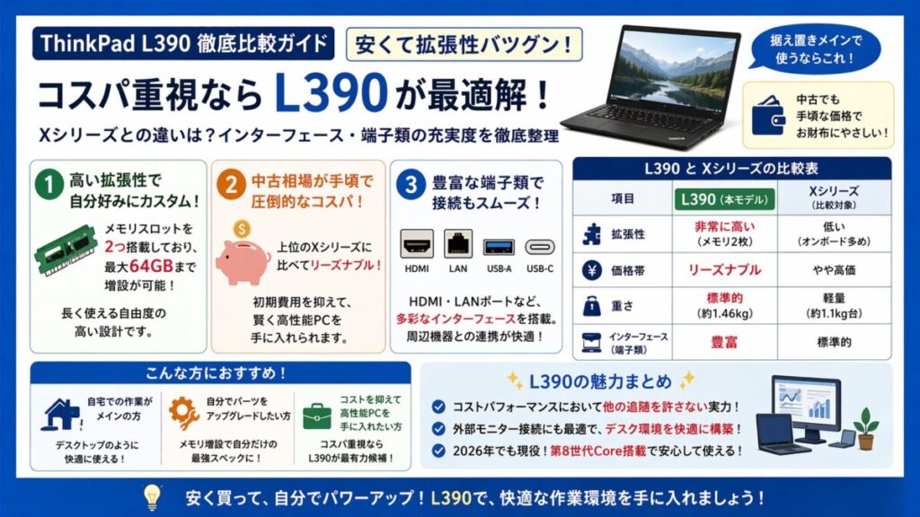 【L390比較表】Xシリーズとの違いは？インターフェース/端子類の充実度を一覧形式で分かりやすく整理