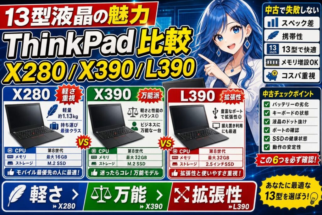 【X280・X390・L390】ThinkPad中古おすすめ3機種を徹底比較